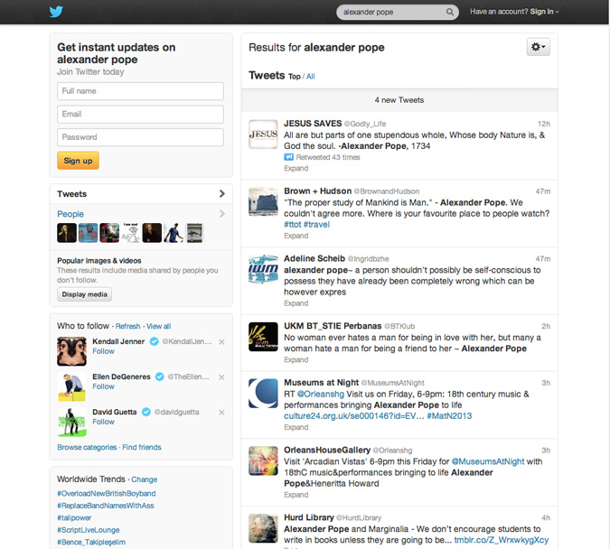Twitter search for 'alexander pope'