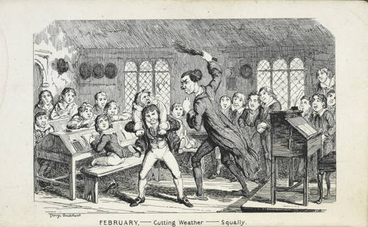 engraving of schoolchildren in classroom with a techer poised to whip a boy