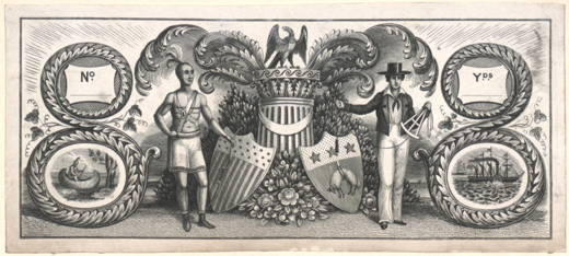 Bale label with illustrations of a sailor and a Native American